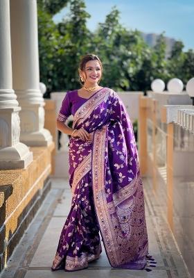 Purple Zari Woven Silk Saree Set