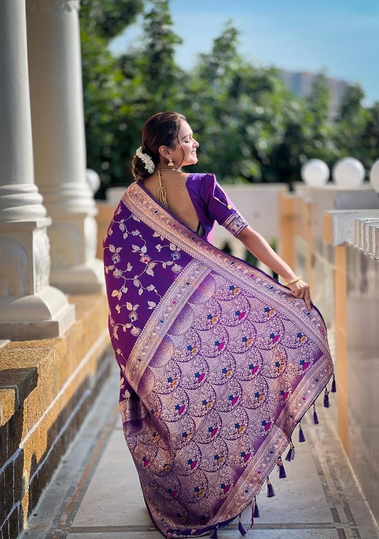Purple Zari Woven Silk Saree Set - Indya