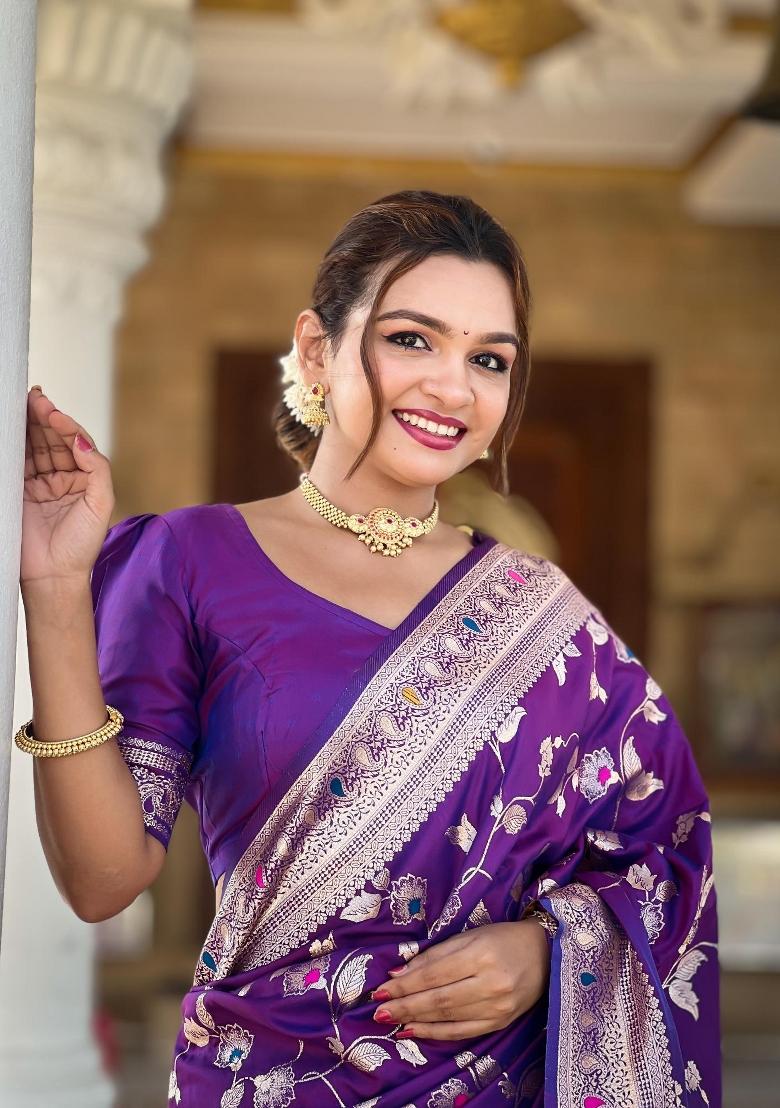 Purple Zari Woven Silk Saree Set - Indya