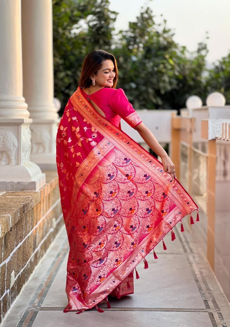 Pink Zari Woven Silk Saree Set - Indya