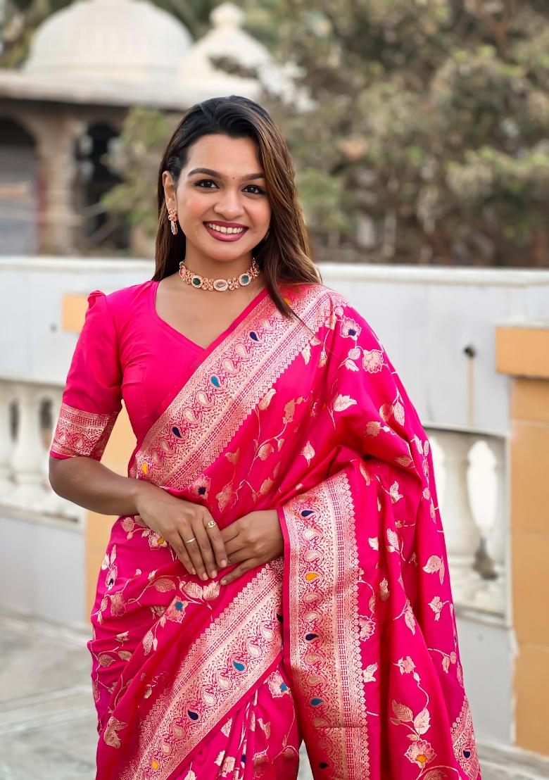 Pink Zari Woven Silk Saree Set - Indya