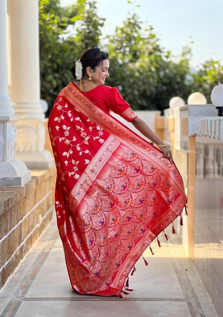 Red Zari Woven Silk Saree Set - Indya