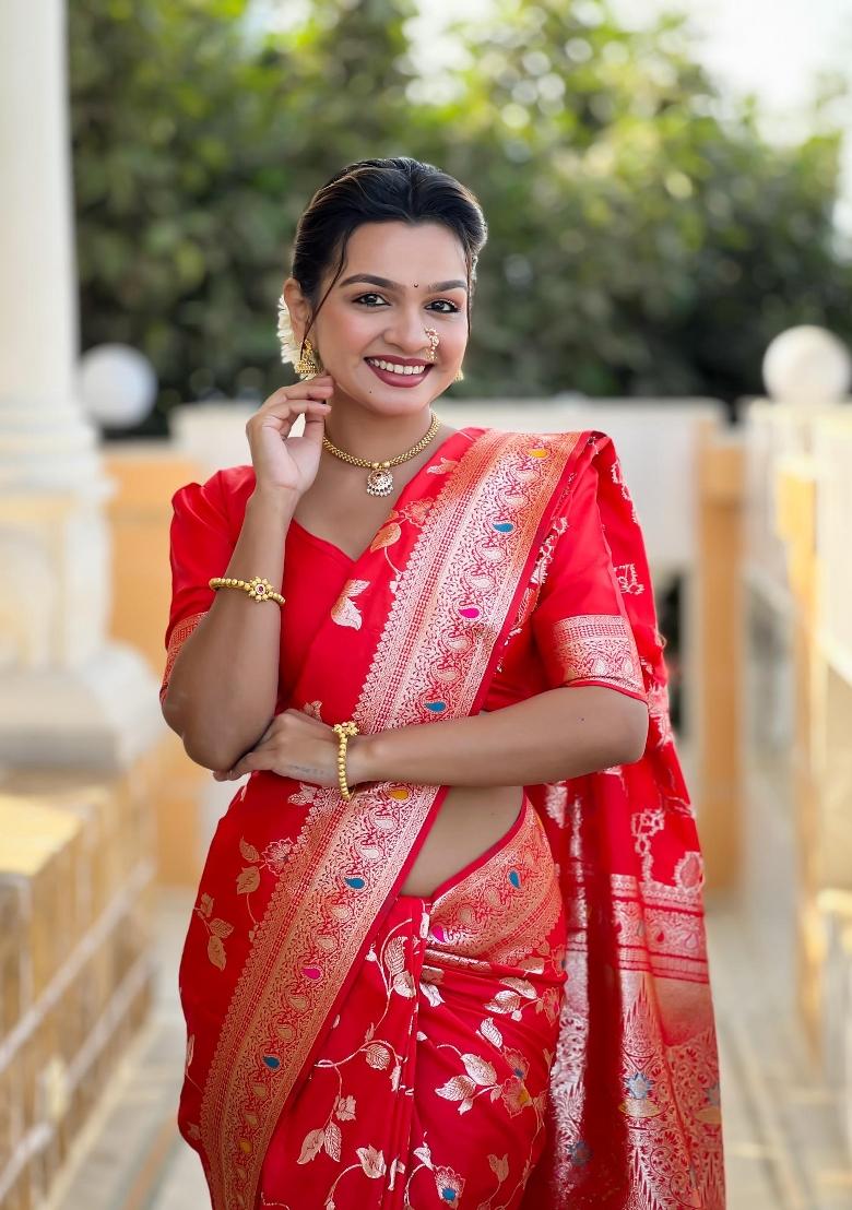 Red Zari Woven Silk Saree Set - Indya