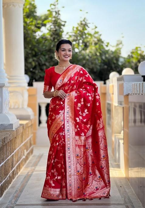 Red Zari Woven Silk Saree Set — view on Indya