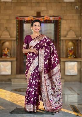 Wine Zari Woven Silk Saree Set