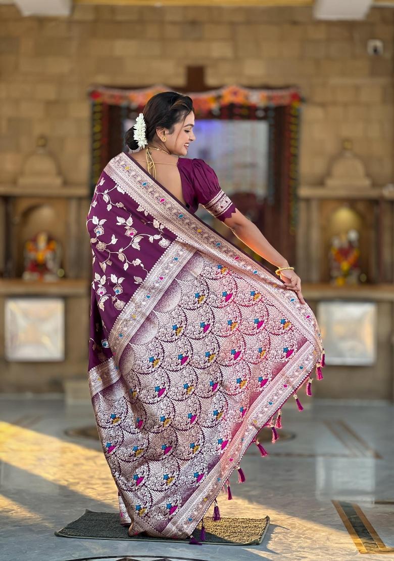 Wine Zari Woven Silk Saree Set - Indya