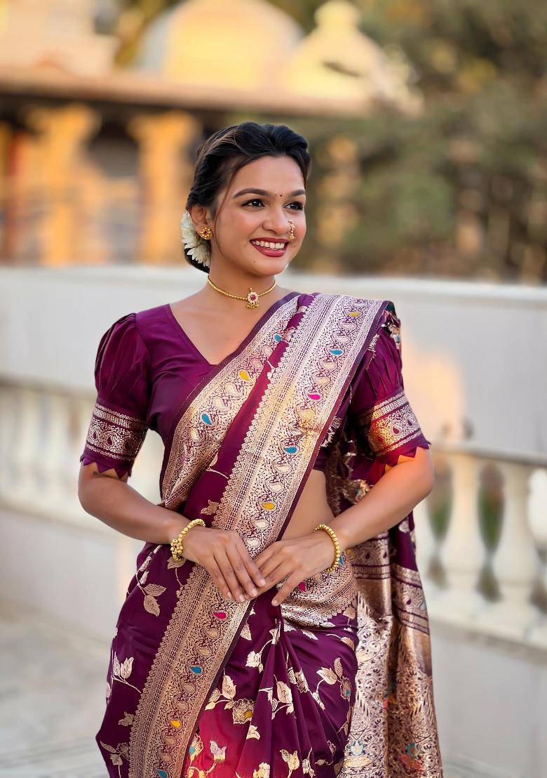 Wine Zari Woven Silk Saree Set - Indya