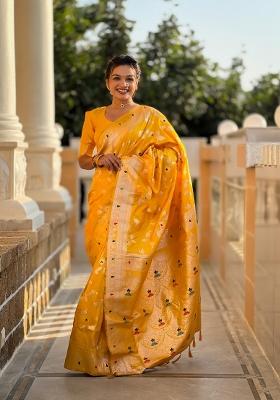 Yellow Zari Woven Silk Saree Set