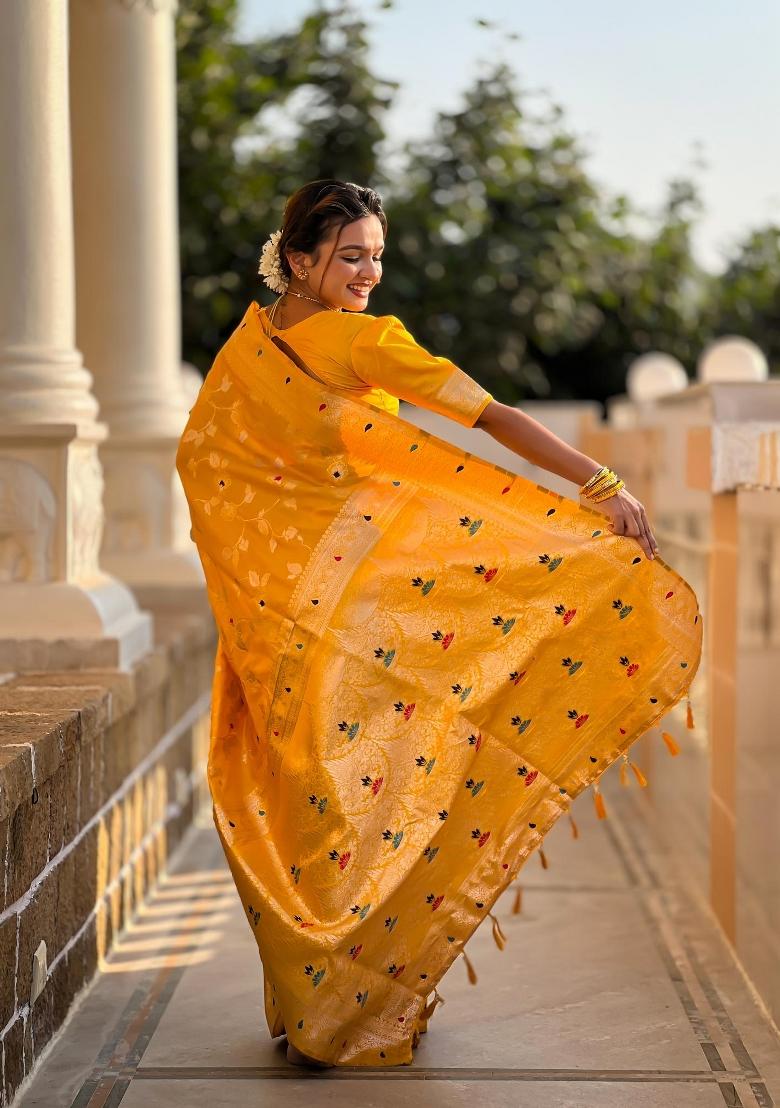 Yellow Zari Woven Silk Saree Set - Indya