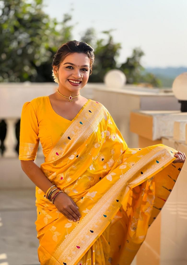 Yellow Zari Woven Silk Saree Set - Indya