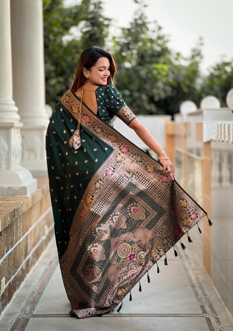 Green Zari Woven Silk Saree Set - Indya