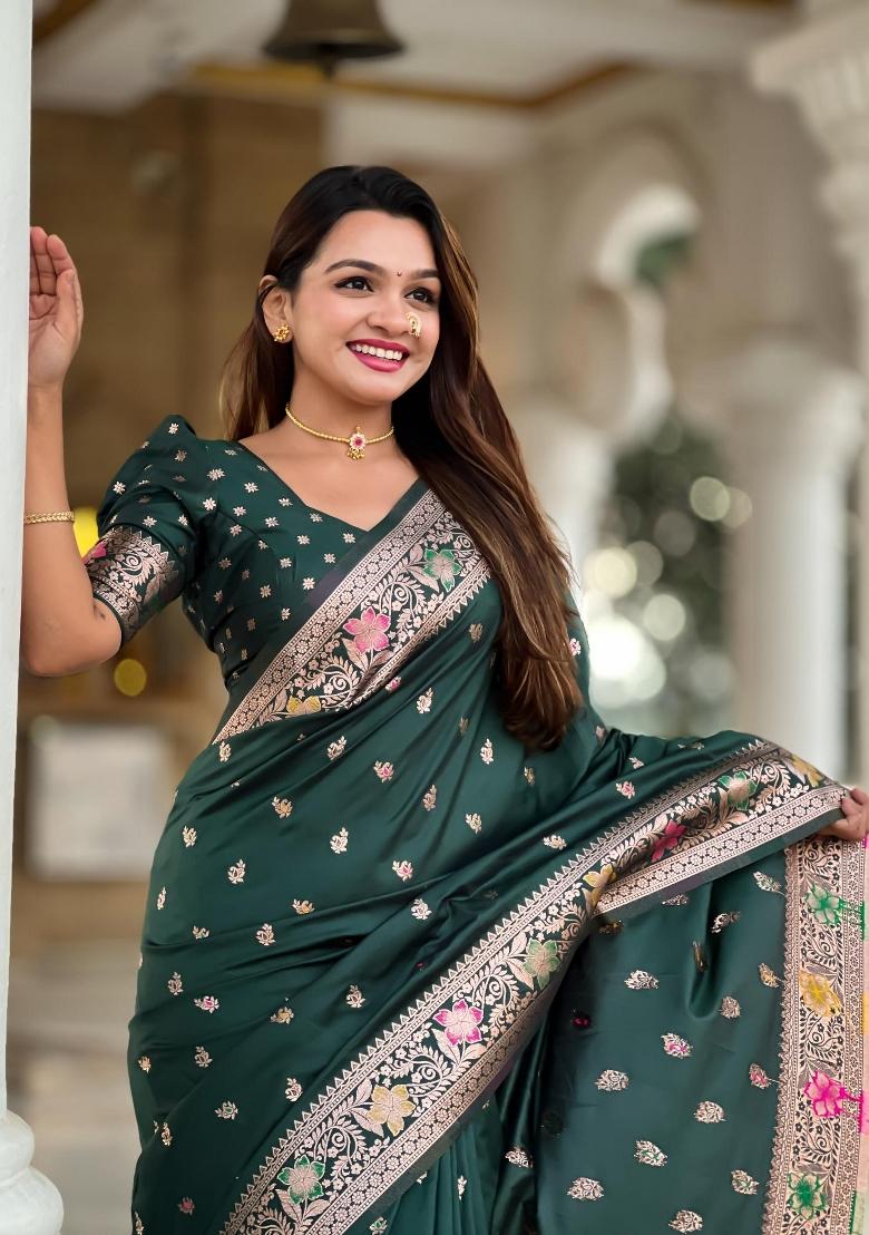 Green Zari Woven Silk Saree Set - Indya
