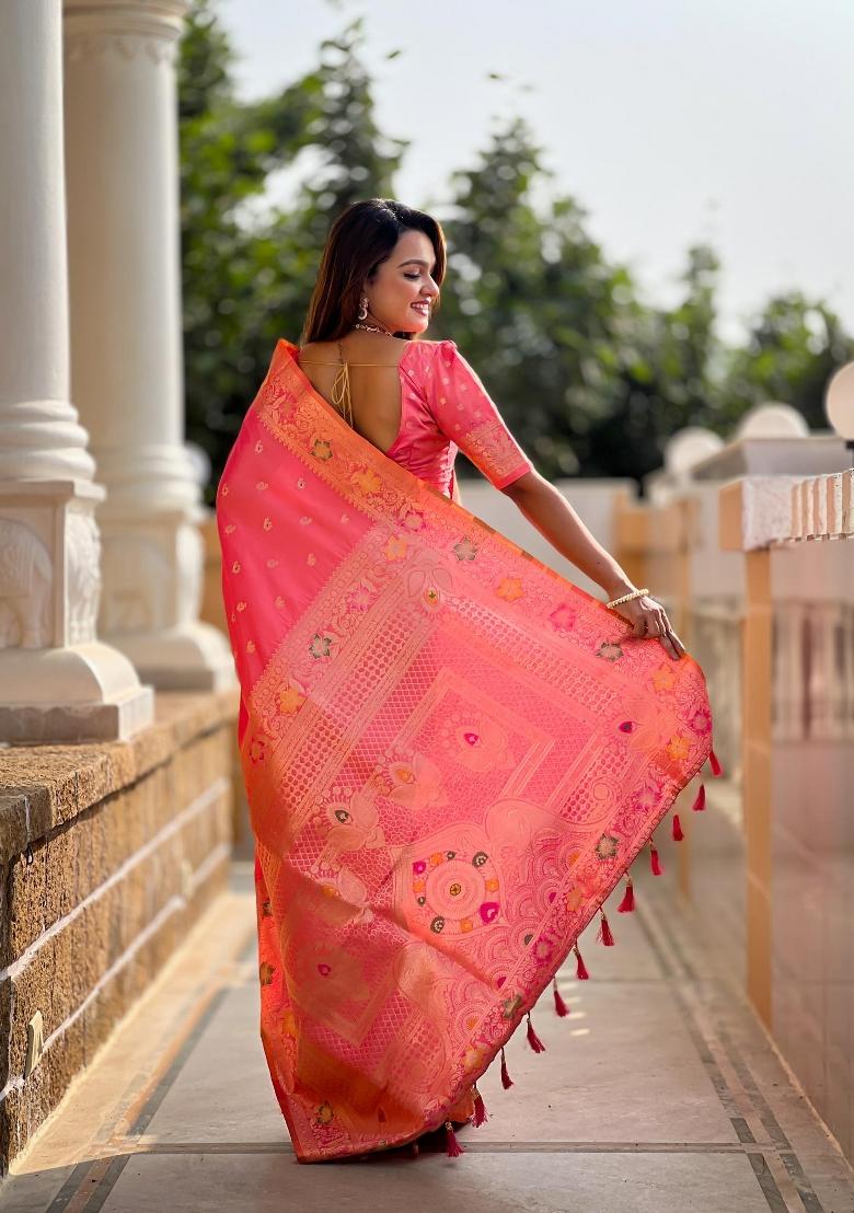 Pink Zari Woven Silk Saree Set - Indya