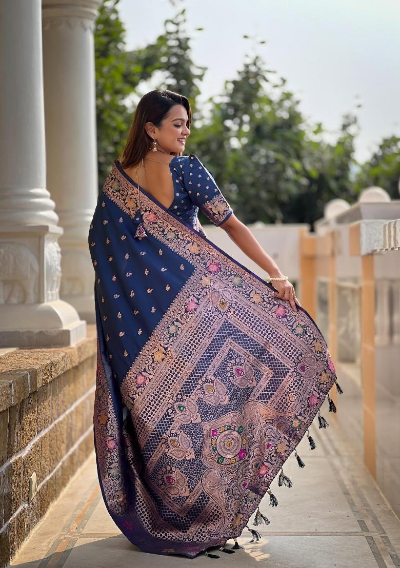 Turquoise Zari Woven Silk Saree Set - Indya