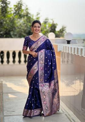Navy Blue Zari Woven Silk Saree Set