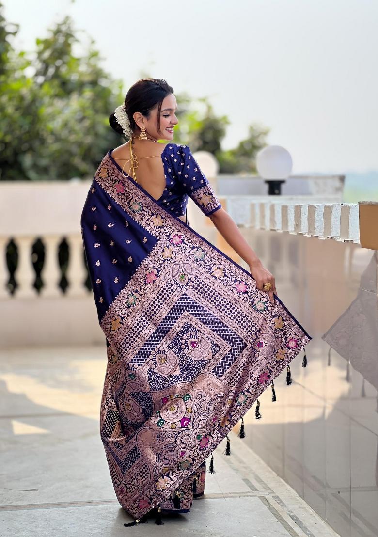 Navy Blue Zari Woven Silk Saree Set - Indya