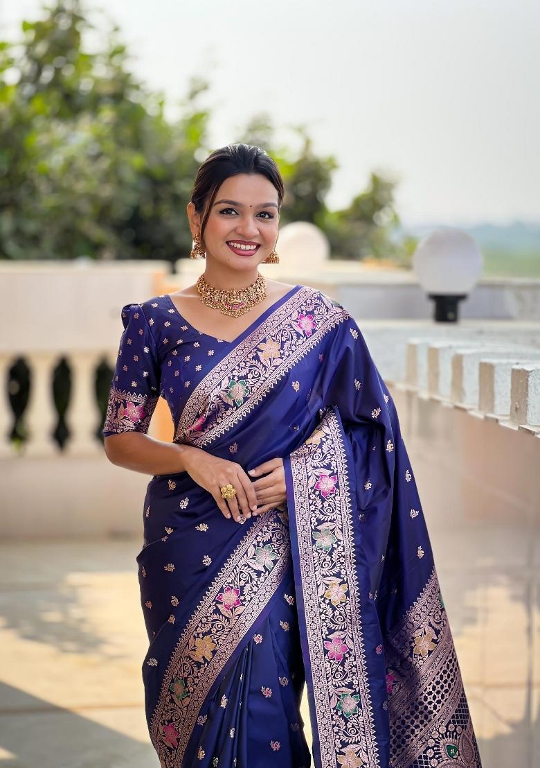 Navy Blue Zari Woven Silk Saree Set - Indya