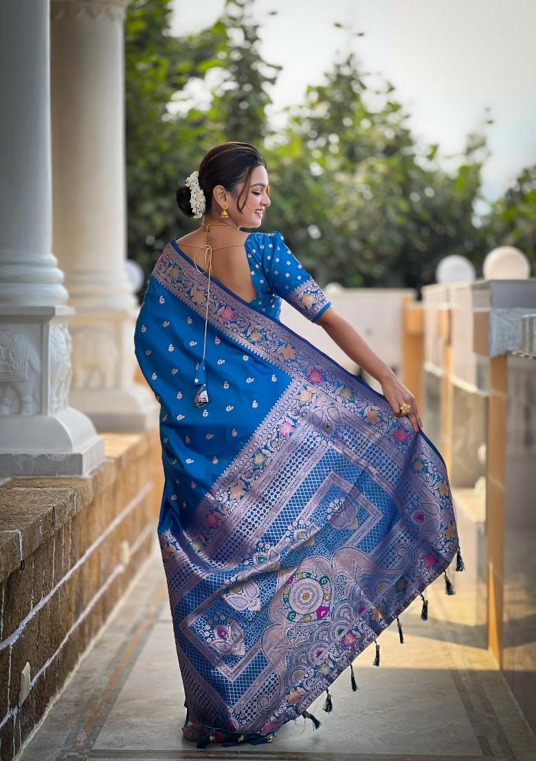 Sky Blue Zari Woven Silk Saree Set - Indya