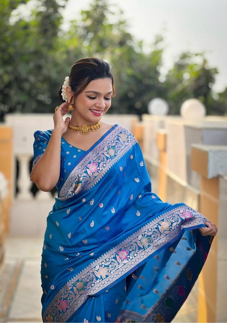 Sky Blue Zari Woven Silk Saree Set - Indya