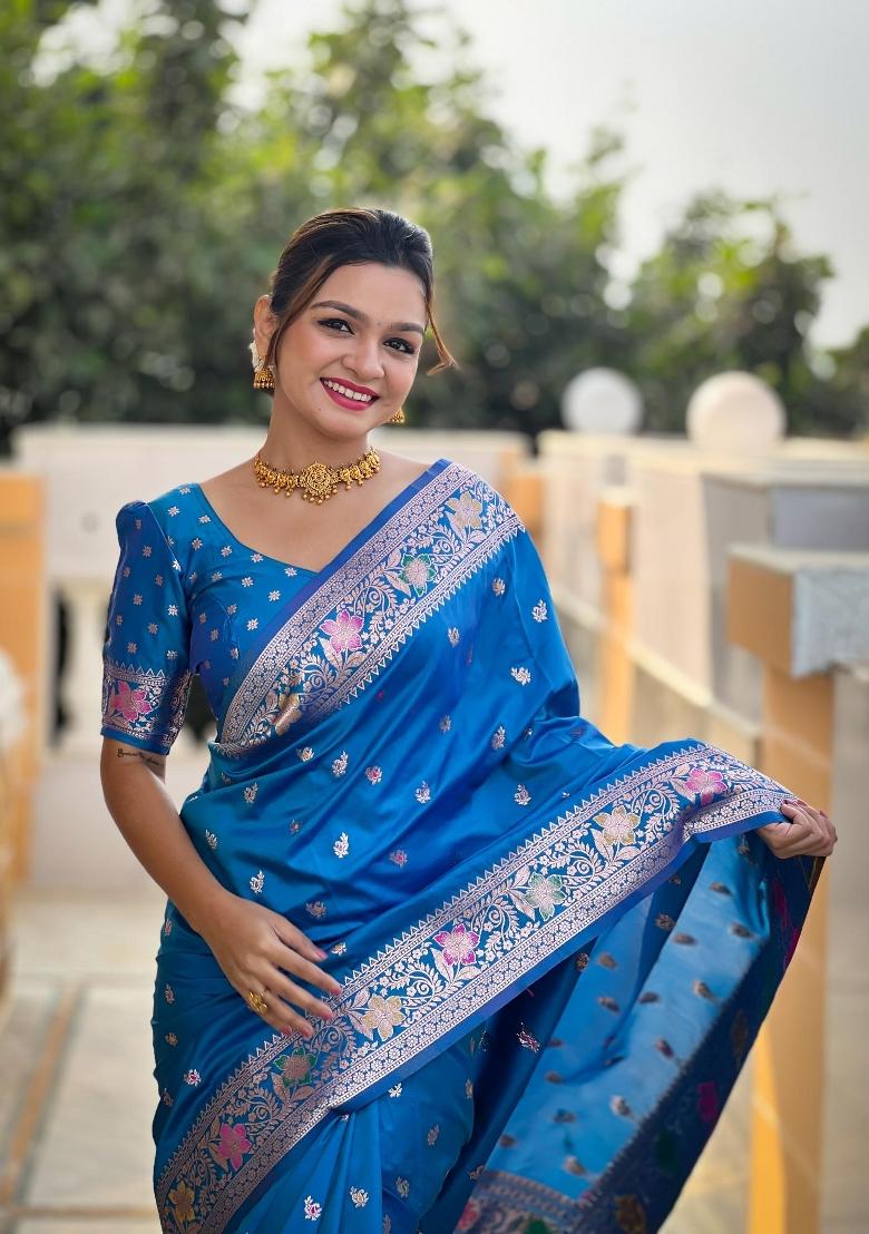 Sky Blue Zari Woven Silk Saree Set - Indya