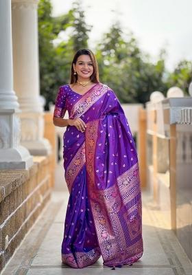 Violet Zari Woven Silk Saree Set