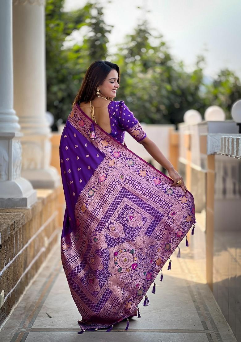 Violet Zari Woven Silk Saree Set - Indya
