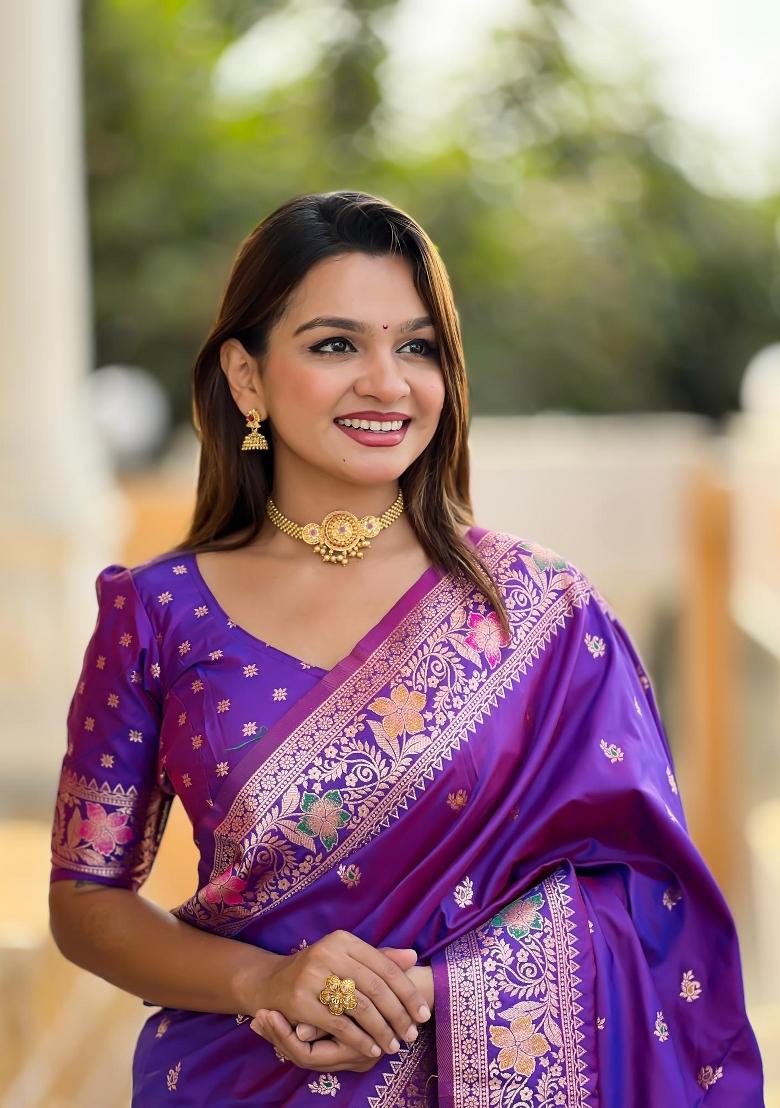Violet Zari Woven Silk Saree Set - Indya