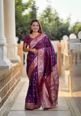 Wine Zari Woven Silk Saree Set