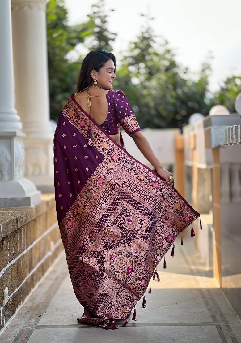 Wine Zari Woven Silk Saree Set - Indya