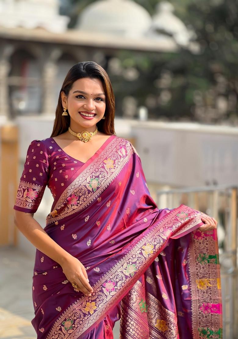 Wine Zari Woven Silk Saree Set - Indya