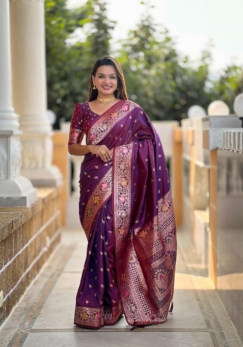 Wine Zari Woven Silk Saree Set — view on Indya