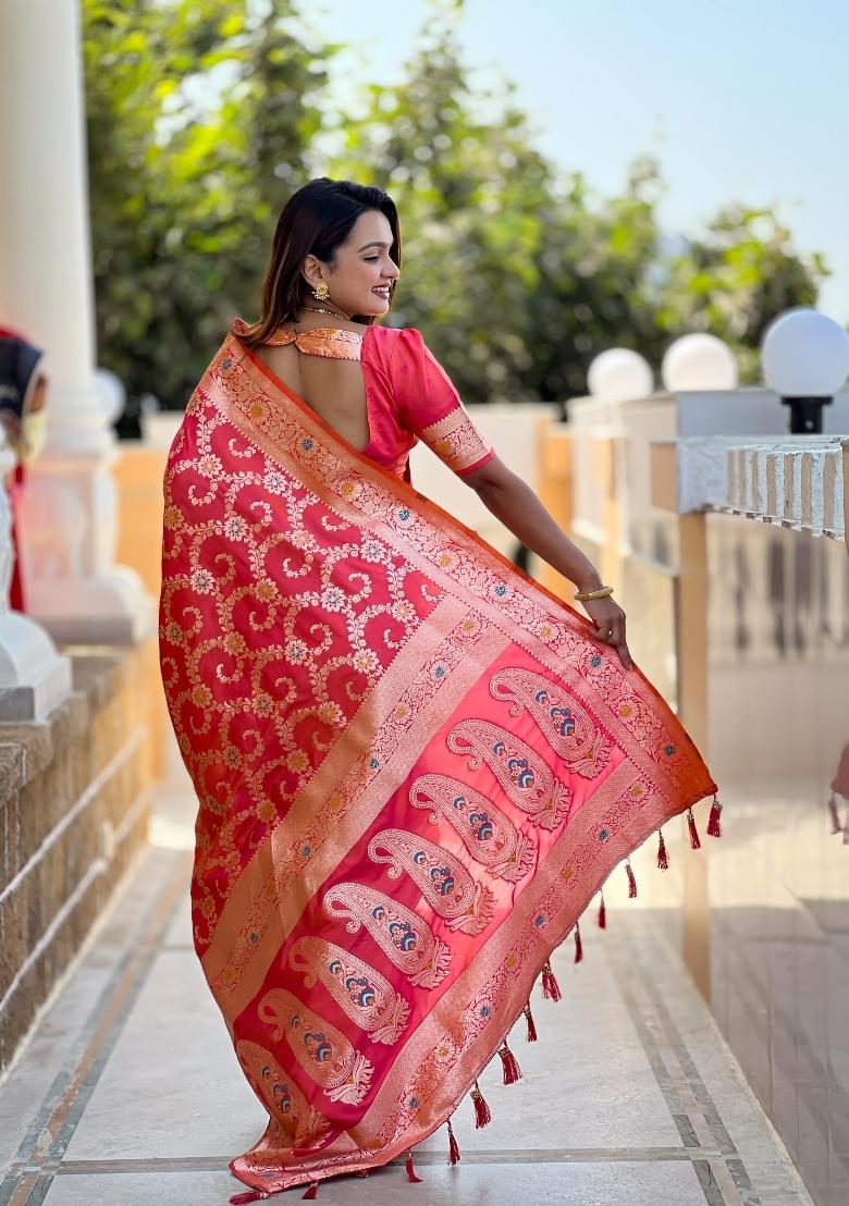 Pink Zari Woven Silk Saree Set - Indya