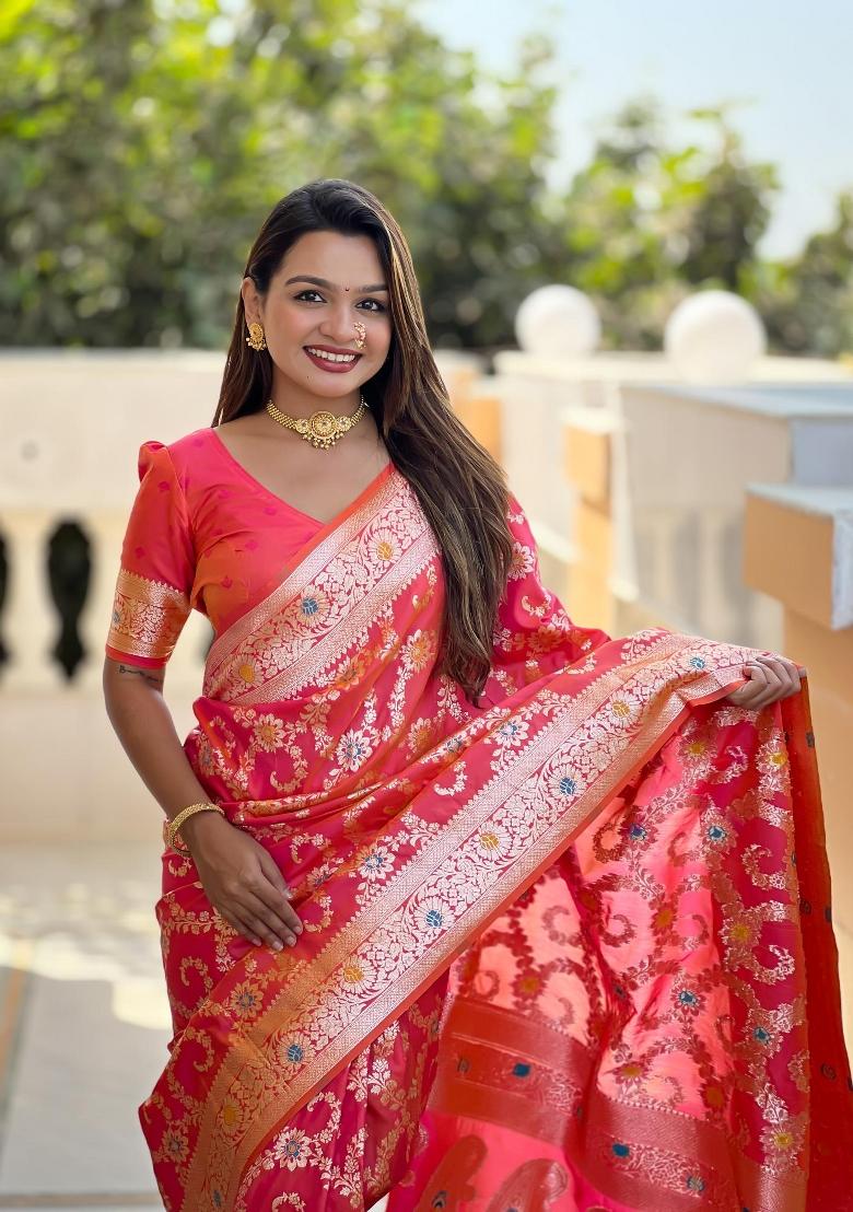 Pink Zari Woven Silk Saree Set - Indya