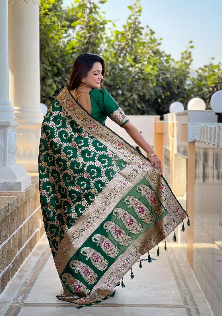 Green Zari Woven Silk Saree Set - Indya