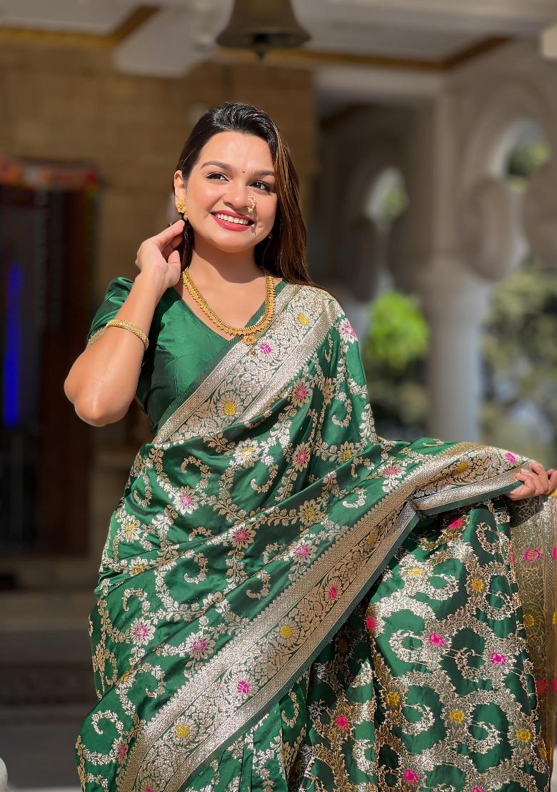Green Zari Woven Silk Saree Set - Indya