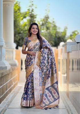 Grey Zari Woven Silk Saree Set