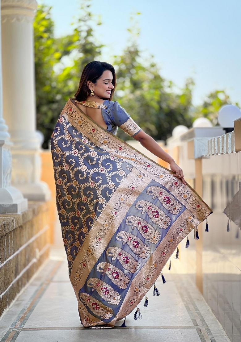 Grey Zari Woven Silk Saree Set - Indya