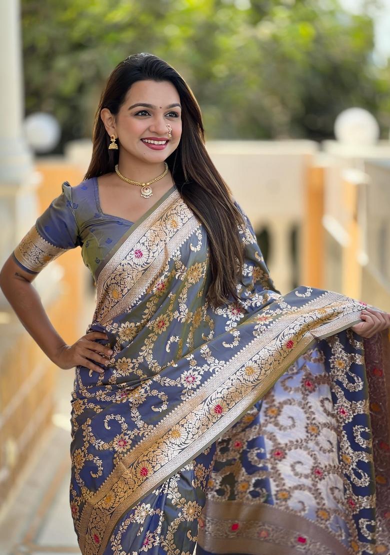Grey Zari Woven Silk Saree Set - Indya