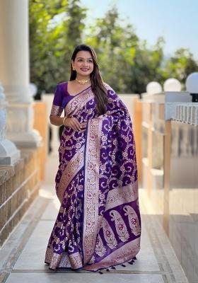 Purple Zari Woven Silk Saree Set