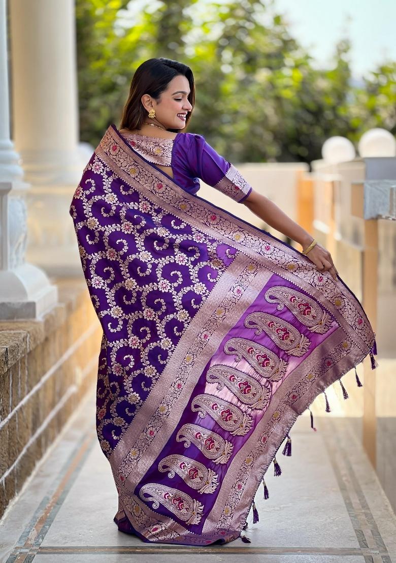 Purple Zari Woven Silk Saree Set - Indya