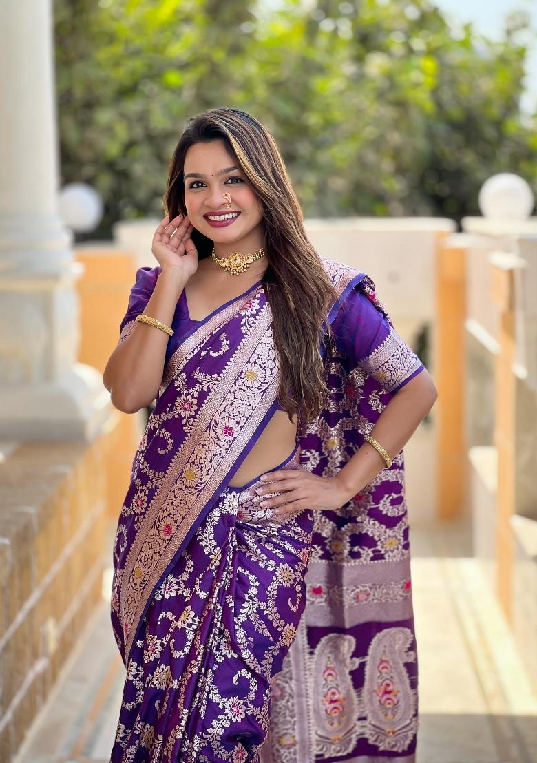 Purple Zari Woven Silk Saree Set - Indya