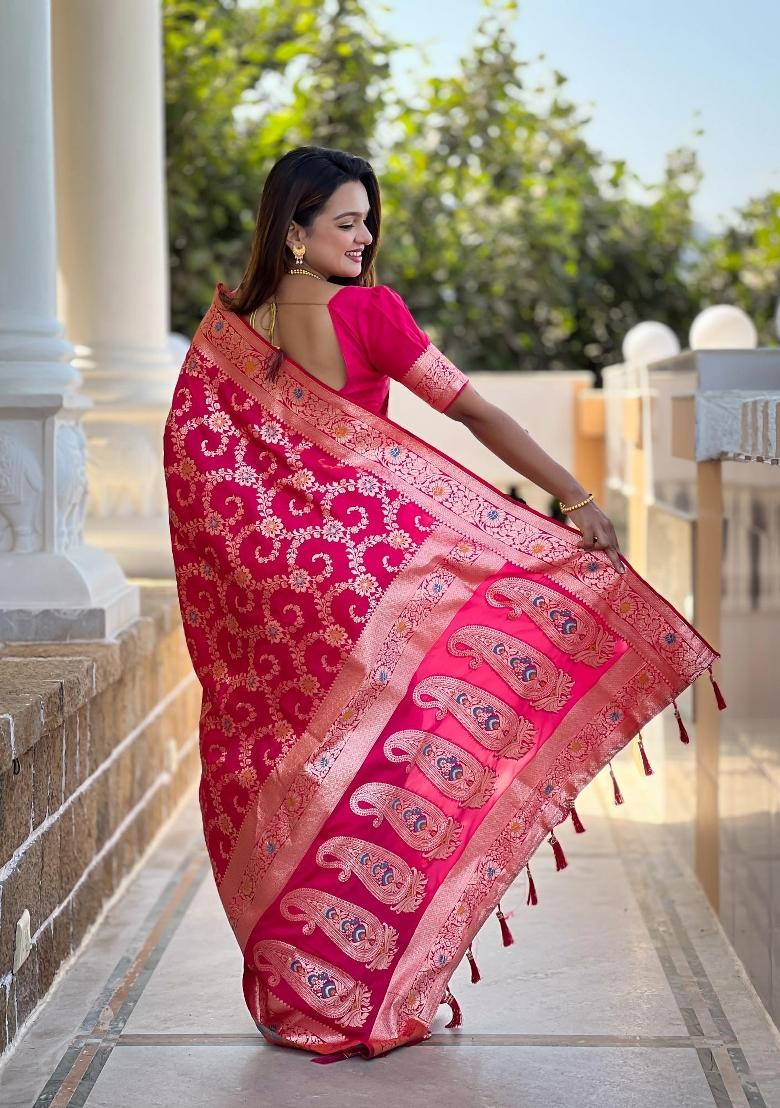 Pink Zari Woven Silk Saree Set - Indya