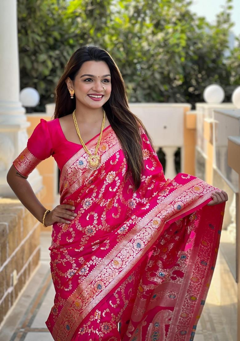 Pink Zari Woven Silk Saree Set - Indya
