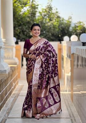 Wine Zari Woven Silk Saree Set