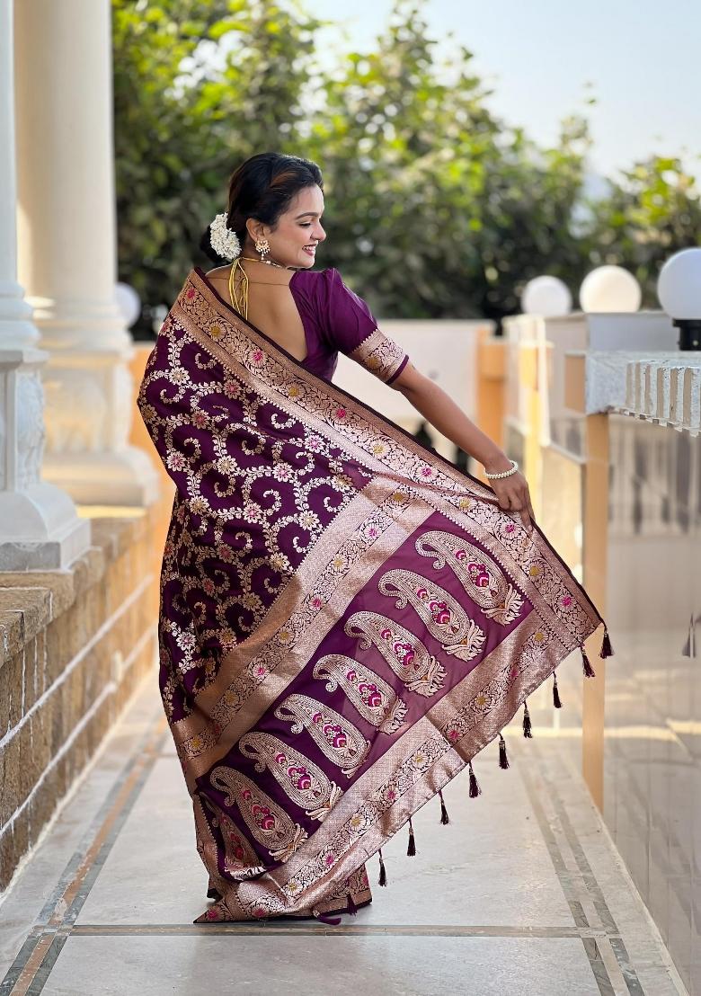 Wine Zari Woven Silk Saree Set - Indya