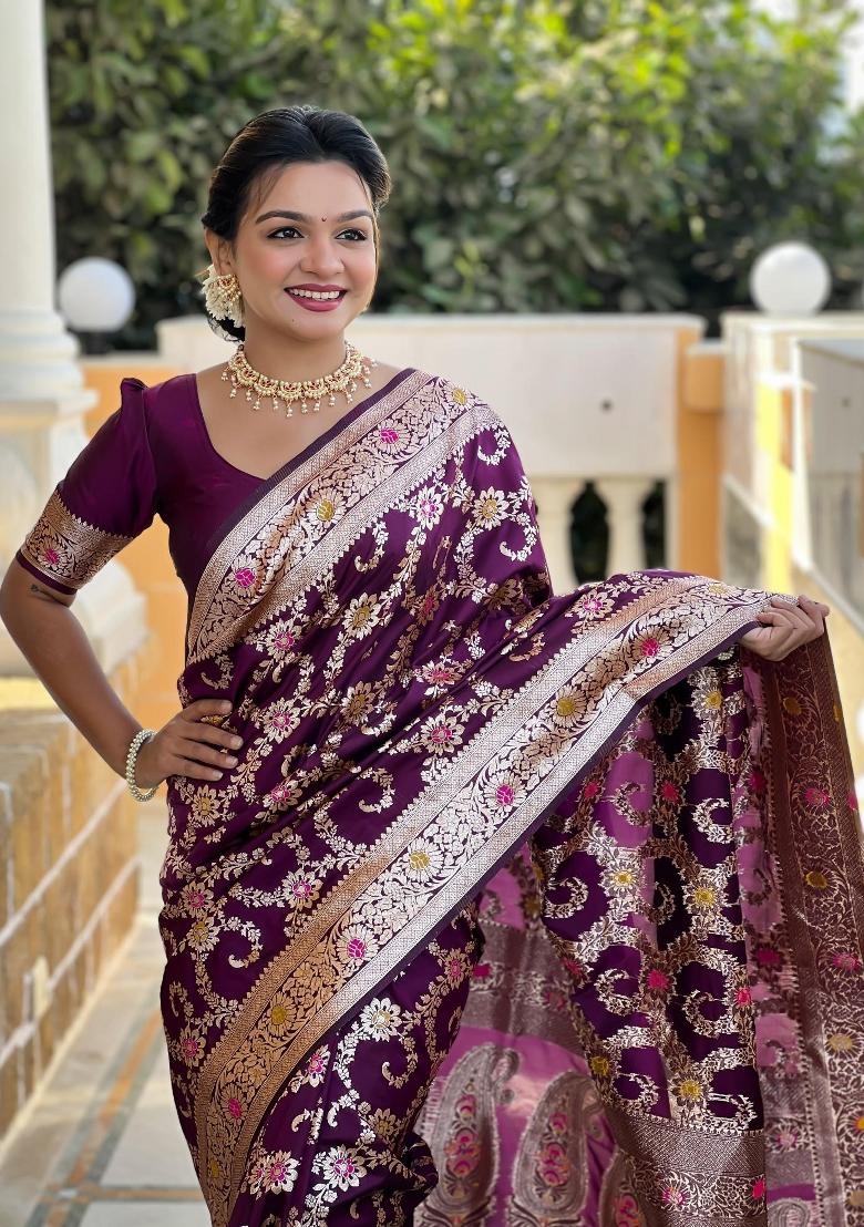 Wine Zari Woven Silk Saree Set - Indya