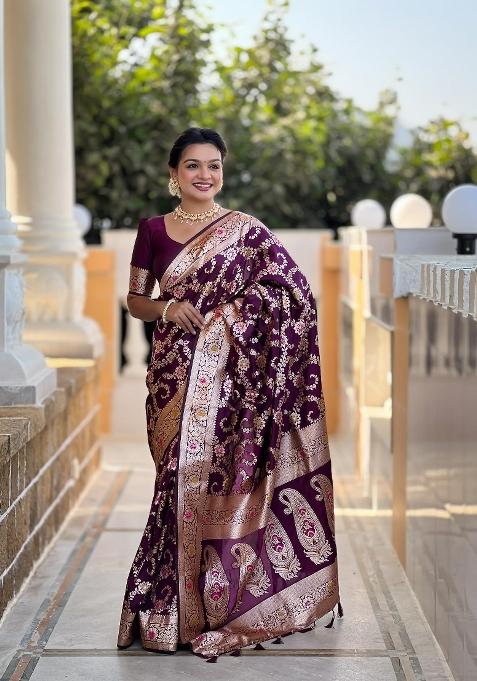 Wine Zari Woven Silk Saree Set — view on Indya