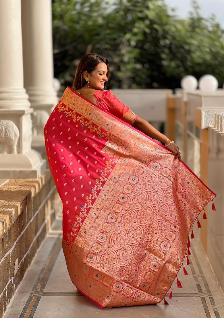 Pink Zari Woven Silk Saree Set - Indya