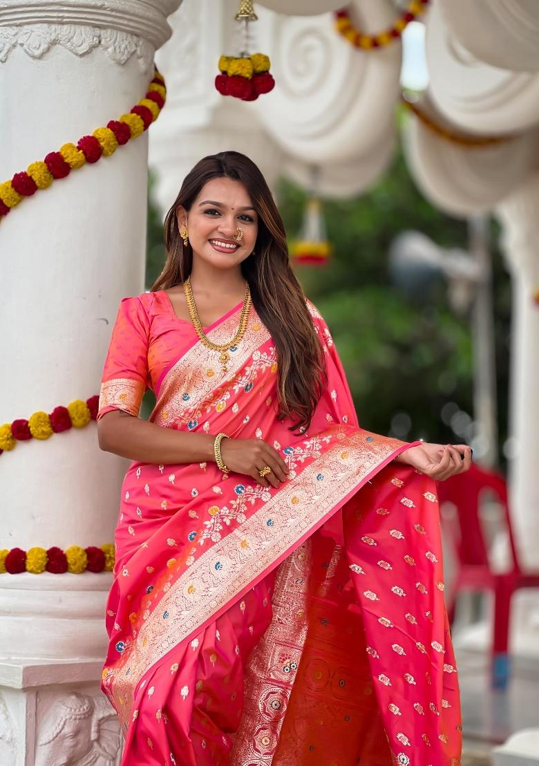Pink Zari Woven Silk Saree Set - Indya