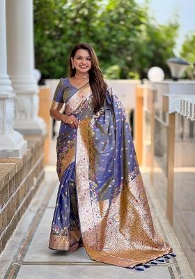Grey Zari Woven Silk Saree Set